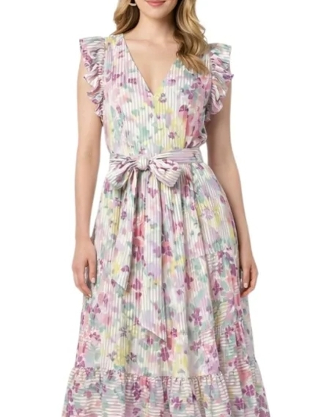 Kate Spade Sz 6 NWOT Floral Pleated Midi Dress with Waist Tie - Pastel Multi
